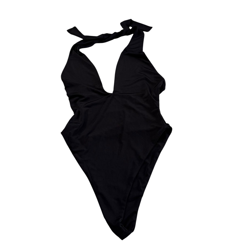 NAKED WARDROBE Swim One Piece Black Halter High Cut Women's Size XS NWT Plunge